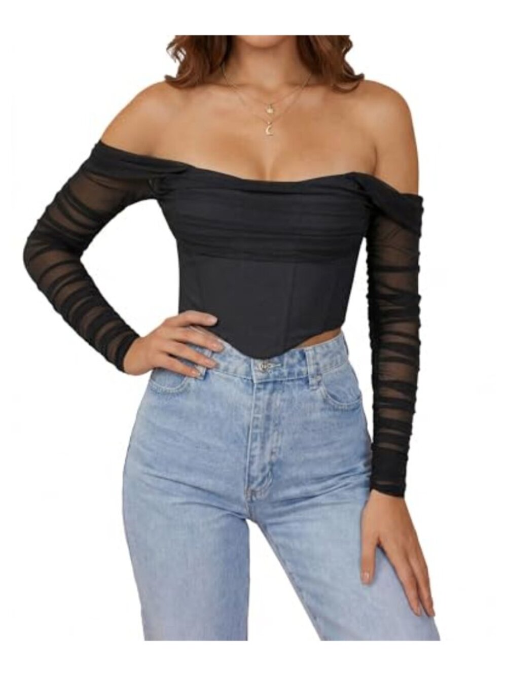 Off Shoulder Corset Top Backless Sheer Mesh Bustier Evening